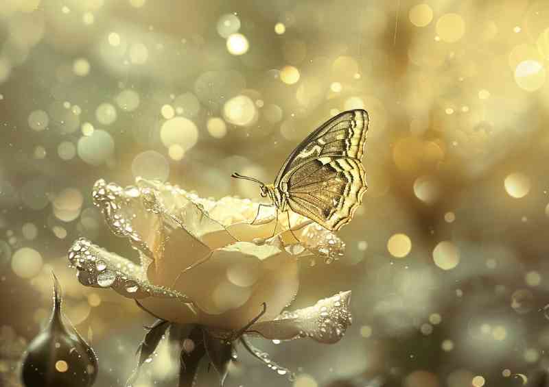 Golden rose with water droplets a butterfly sitting | Canvas
