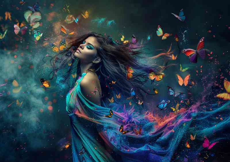 Lady surrounded by butterfiles flying | Metal Poster