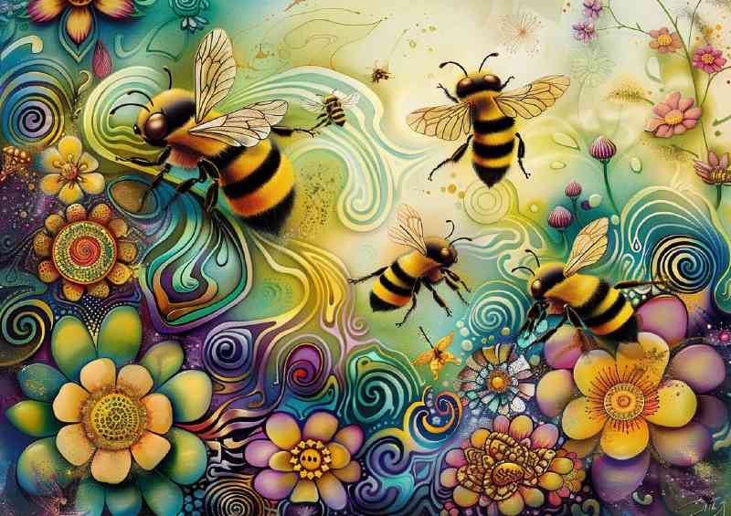 Vibrant cartoon happy bees and flowers | Poster