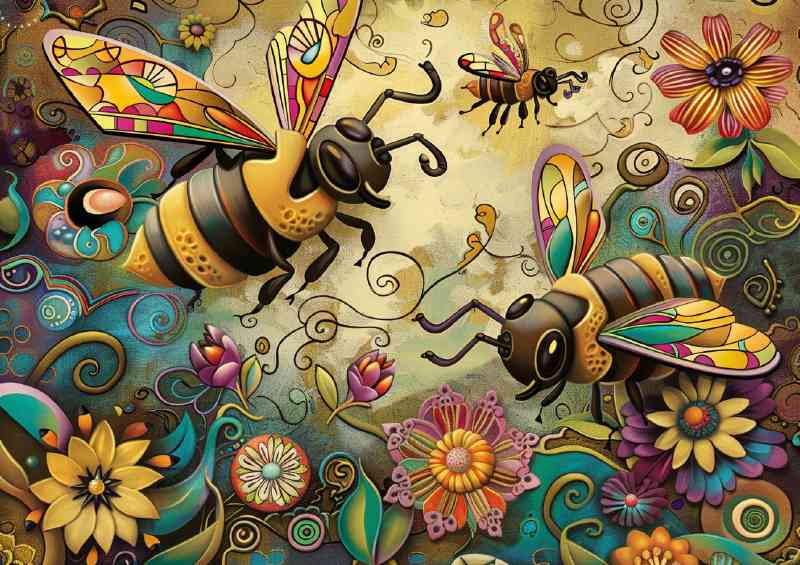 Vibrant happy bees in cartoon style | Di-Bond