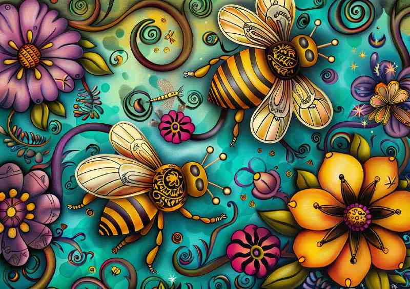 Vibrant whimsical cartoon bees | Poster