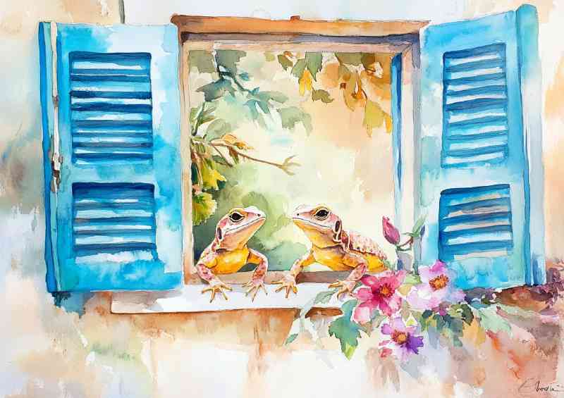 Watercolour baby lizzards on a cill | Poster