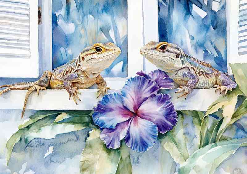 Watercolour lizzards with flowers | Poster