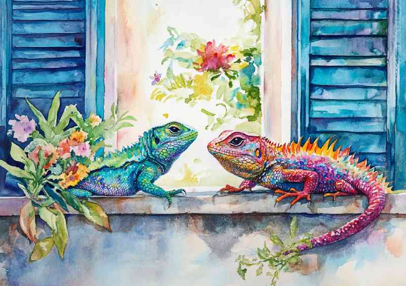 Watercolour of two colourful lizzards | Metal Poster