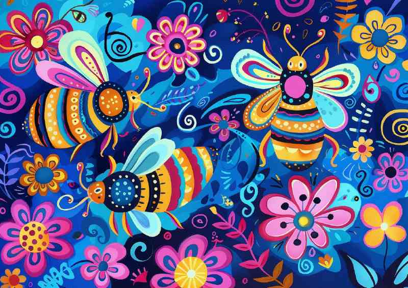 Whimsical cartoon happy bees | Canvas