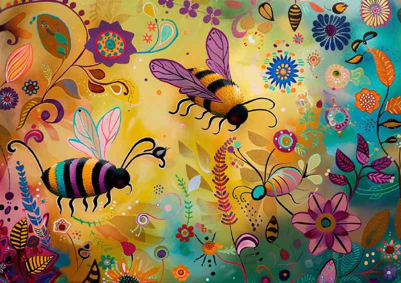 Whimsical happy bees flying around flowers | Poster