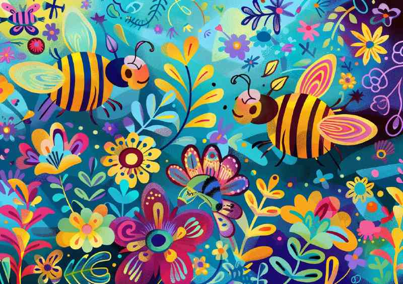Whimsical happy little bees in summer | Poster
