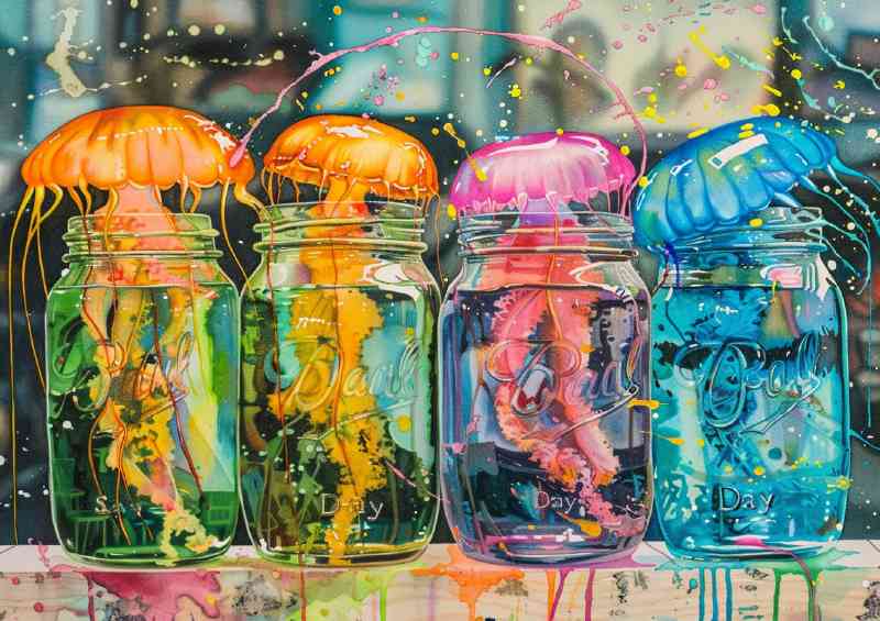 Colorful jellyfish floating in mason jars with splash | Metal Poster
