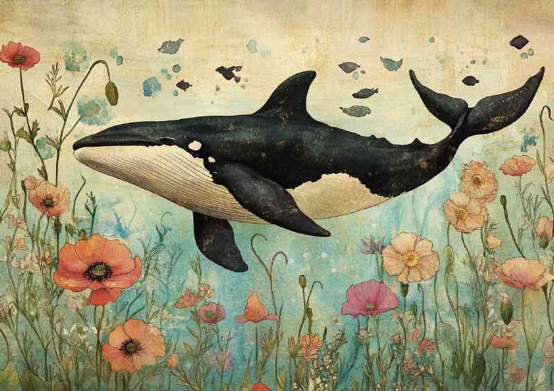 Killer whale orca in the sea with flowers | Poster