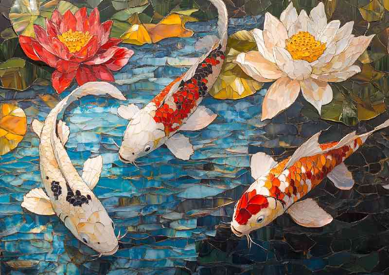 Koi fish and the lotus flowers in water | Metal Poster