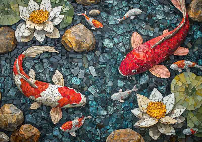 Mosaic style koi in the water | Metal Poster