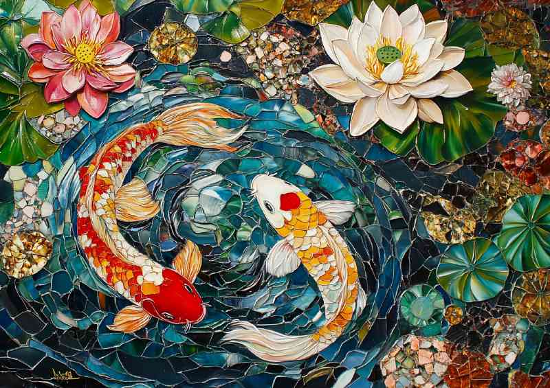 Painted Koi with water lillys | Metal Poster