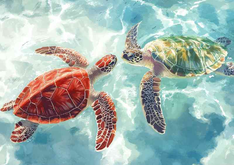 Two sea turtles swimming in ocean | Di-Bond