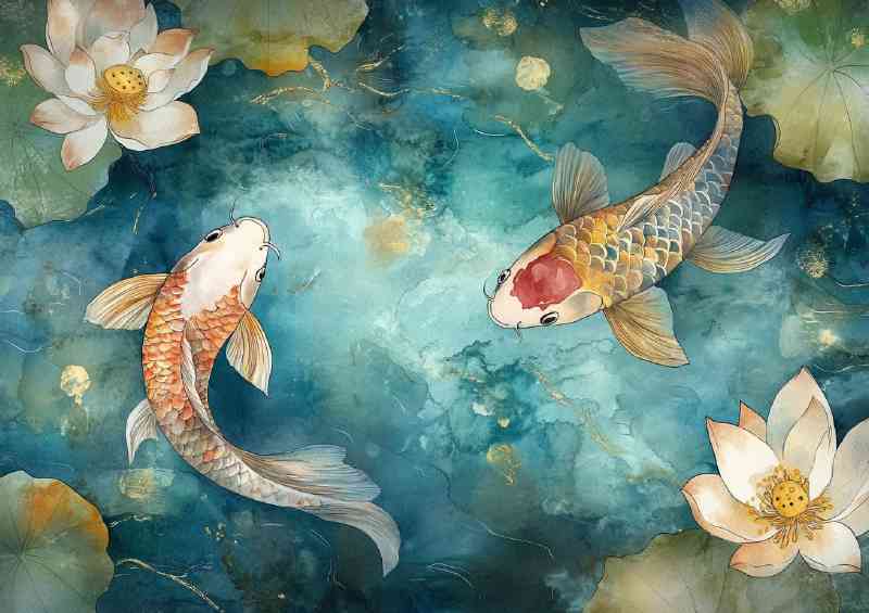 Vibrant two koi fish swimming | Metal Poster
