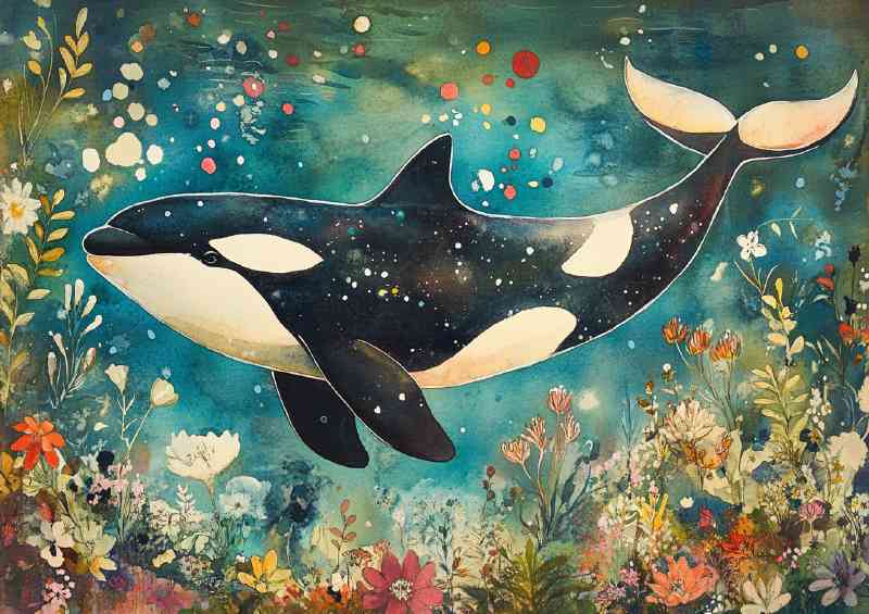 Watercolour Orca in the sea bed | Metal Poster