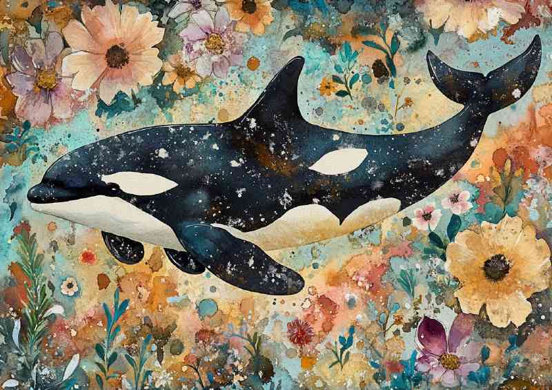 Whimsical orca dreamy flowers | Metal Poster