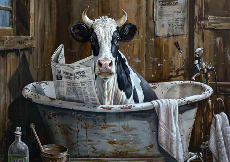 Black and white Cow taking a bath reading the news | Di-Bond