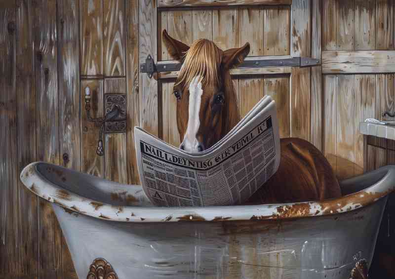 Brown horse in the bath tub reading paper | Metal Poster