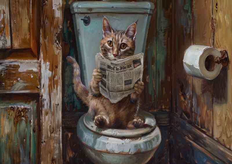 Cat reading news on toilet surreal tabby | Metal Poster