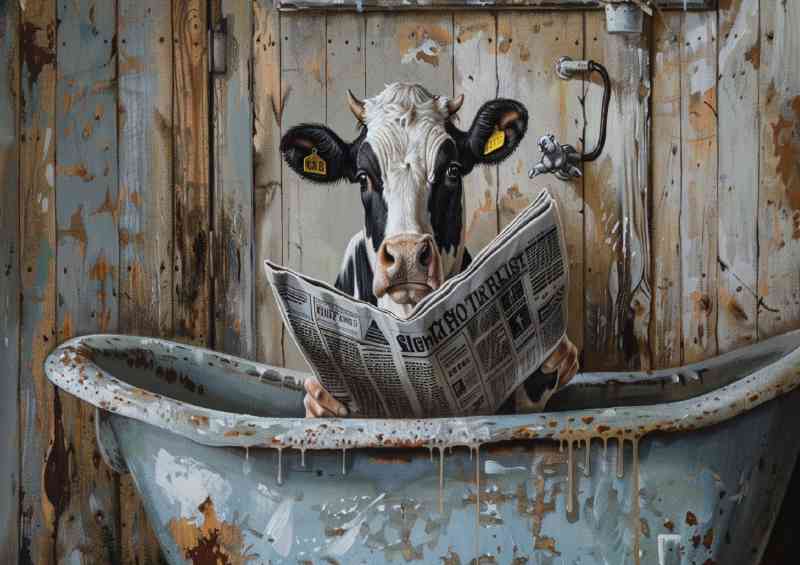 Cow in the bathtub reading newspaper | Metal Poster