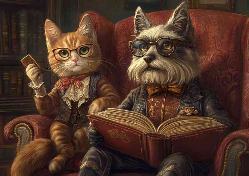 Dog and cat reading newspaper | Metal Poster