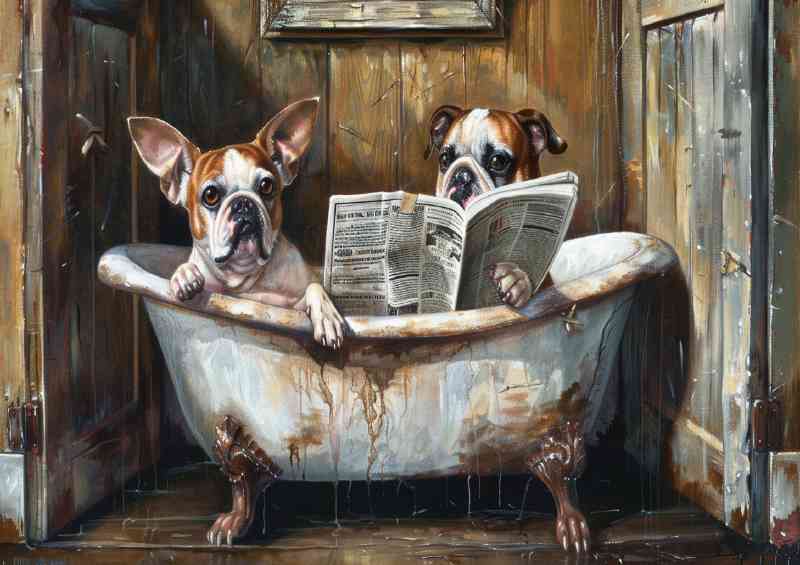 French buldogs reading newspaper in the bath tub | Poster