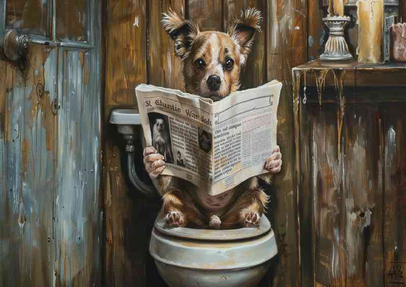 Little Dog reading news on toilet | Poster