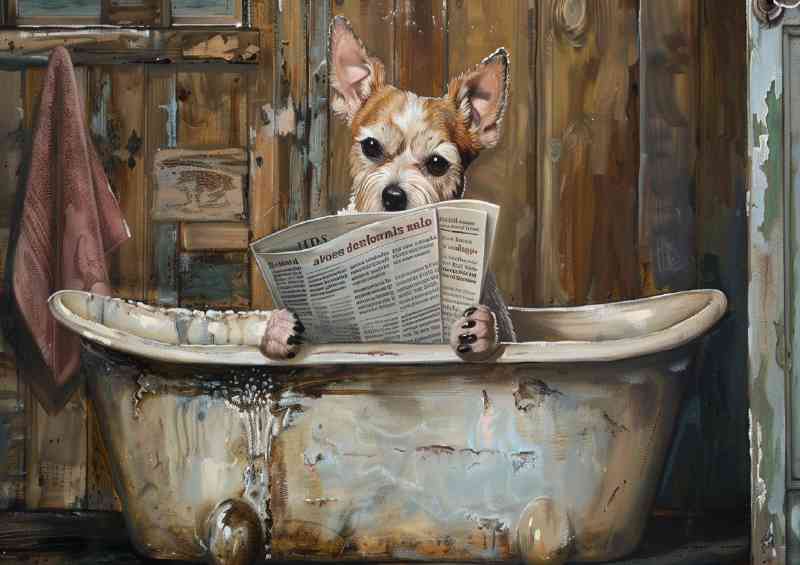 Little dog in the bathtub reading news surreal | Poster