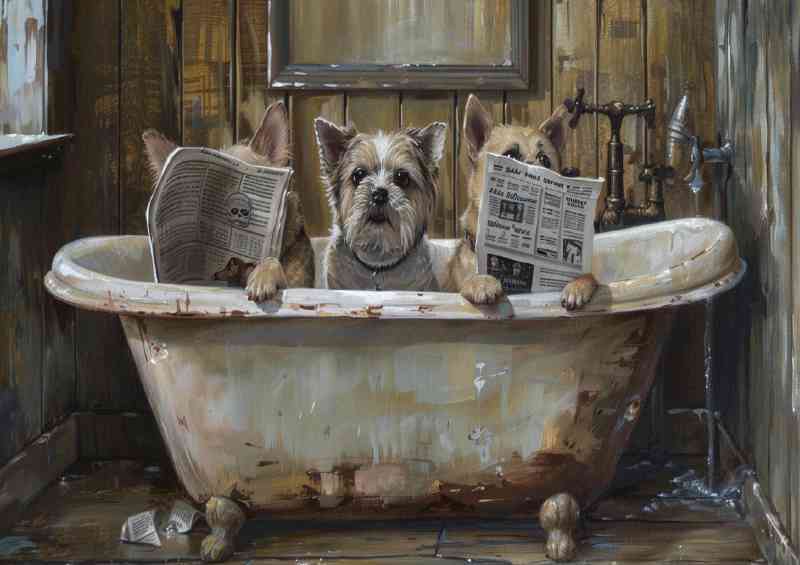 Little terriers Dogs in the bath tub reading | Metal Poster