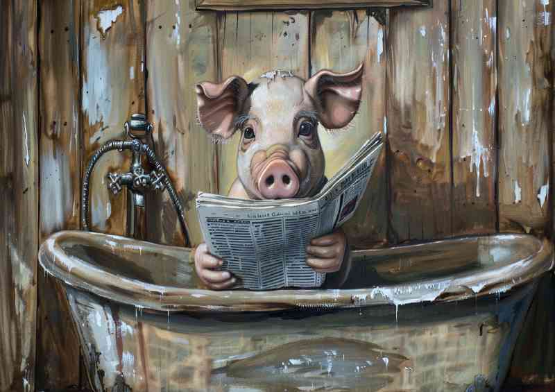Pig Pink sitting in the middle of a bath tub reading paper | Di-Bond