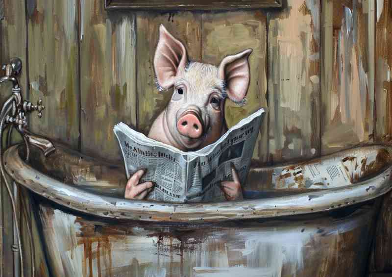 Pink pig reading newspaper in the bath tub surreal | Poster