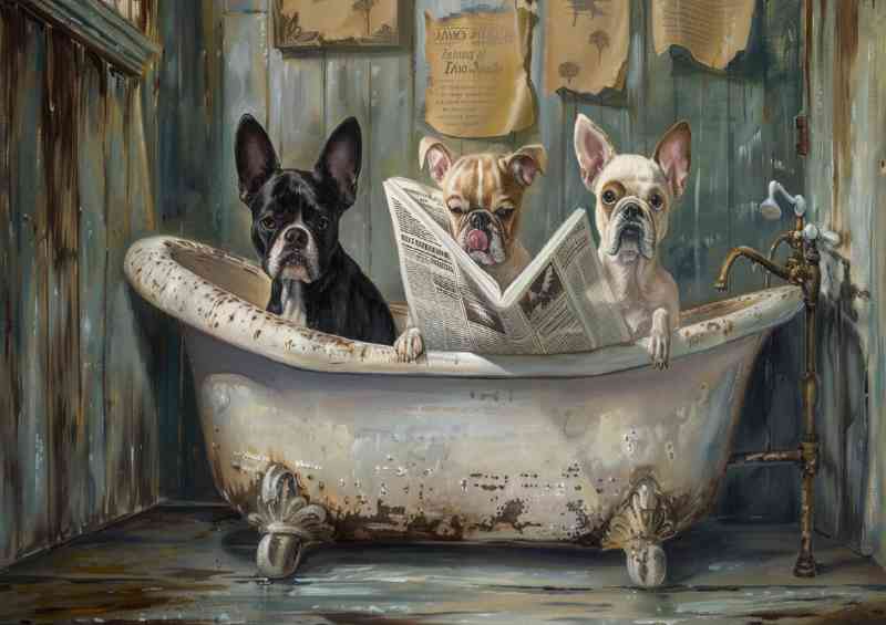 Pugs in the bathtub reading news | Metal Poster