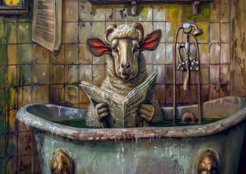 Sheep in a old bath tub surreal | Metal Poster