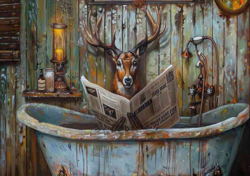 Stag sitting in a old bath tub reading todays newspaper surreal | Canvas