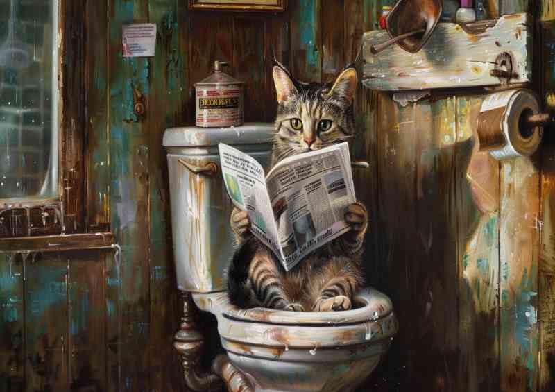 Tabby cat reading paper on toilet surreal | Poster