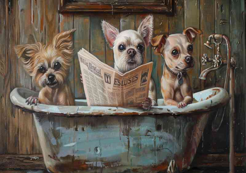 Three breeds of dogs on the bath tub surreal | Metal Poster