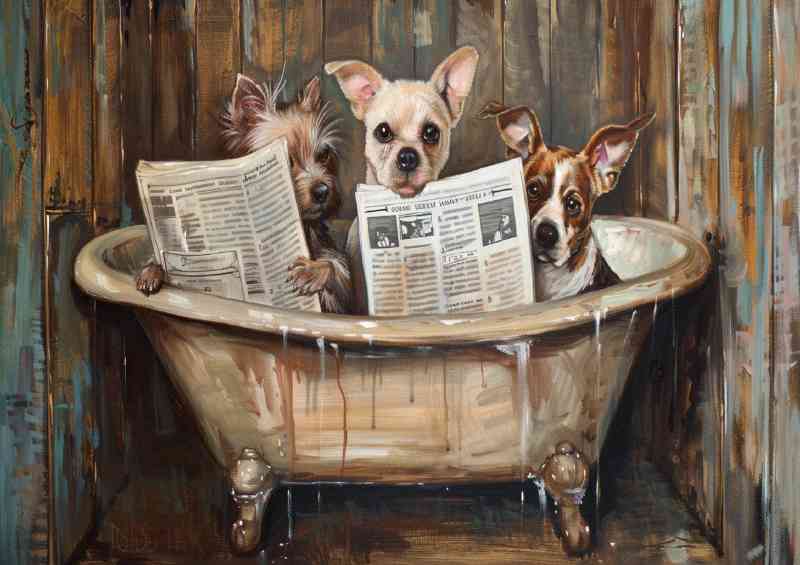 Trio of dogs in the old style bath tub surreal | Metal Poster