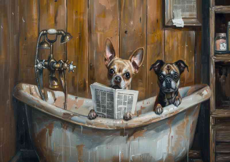 Two dogs in the bath tub reading news surreal | Metal Poster