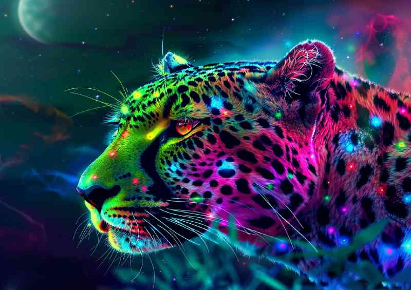 Colourful leopard at night glowing | Poster