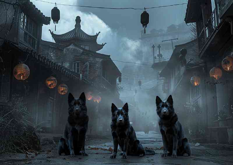 Fantasy village three black dogs | Di-Bond