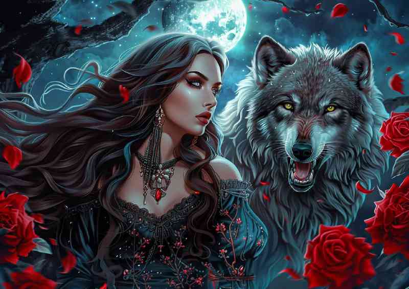 Gothic woman lonfg hair with grey wolf moon | Canvas