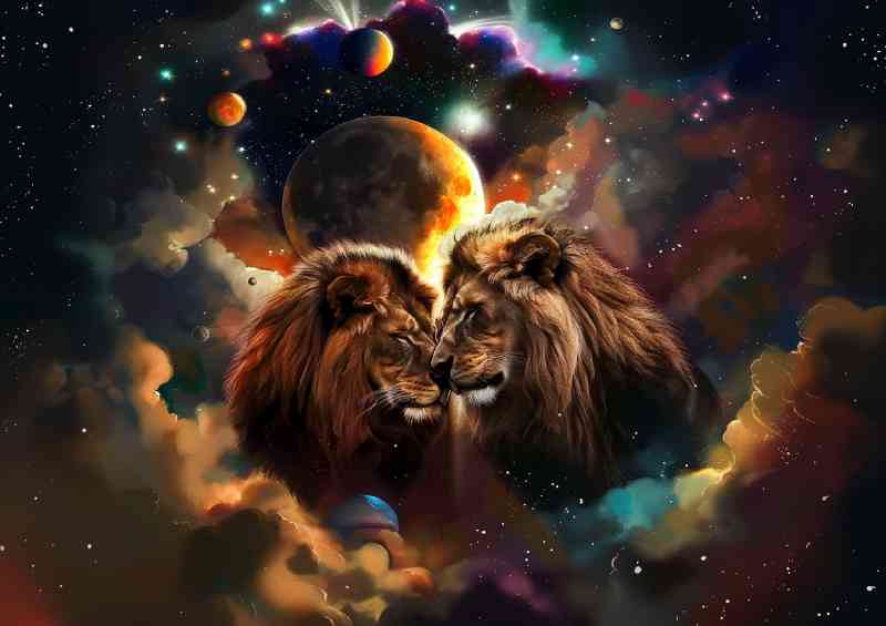 Lions in love with planets around them | Metal Poster