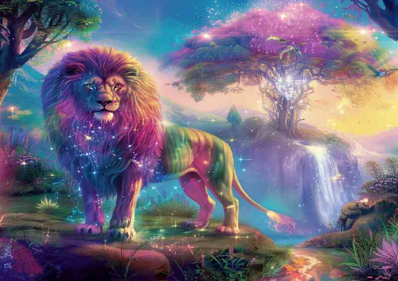 Majestic Lion with rainbow colored fur stands grace | Metal Poster