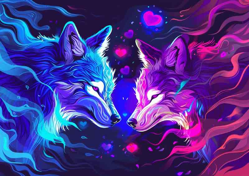 Neon wolfs facing with waves flowing | Poster