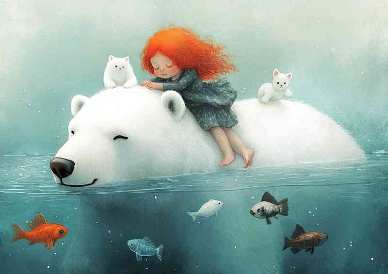 Red hair girl sitting on the polar bear with fish | Poster