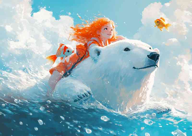 Red haired girl on the back of a polar bear in the ocean | Poster