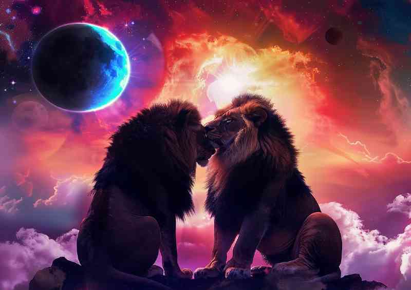 Two lions in love with night sky | Poster