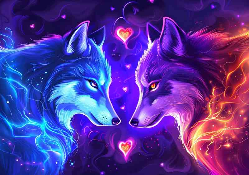 Two wolves facing each other one is blue with hearts | Di-Bond