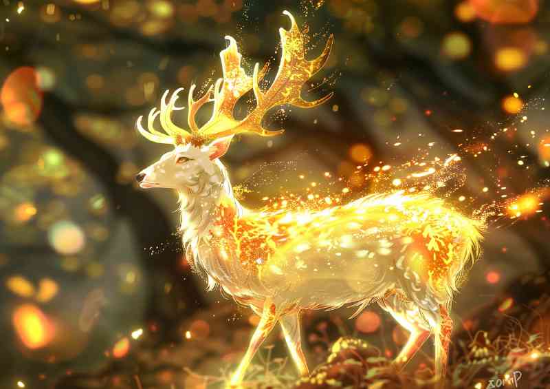 White deer with glowing anterlers in woodland | Di-Bond