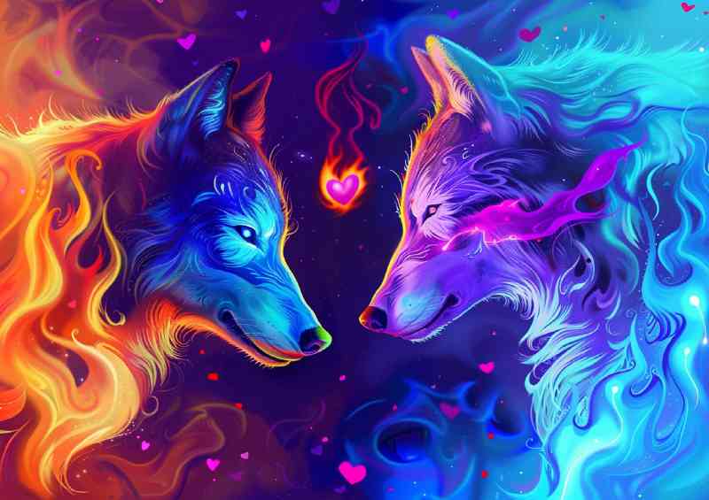 Wolves facing each other blue with glowing neon | Poster